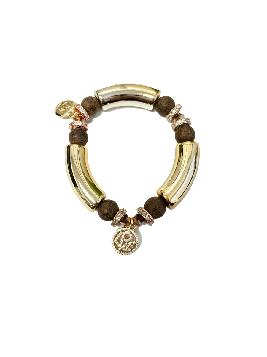 Love Gold Cone Wood CZ Bead Bracelet